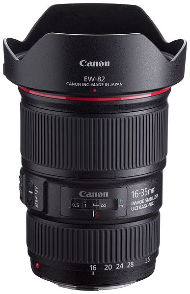 File:Canon EF 16-35mm f4L IS USM front angled with hood.jpg