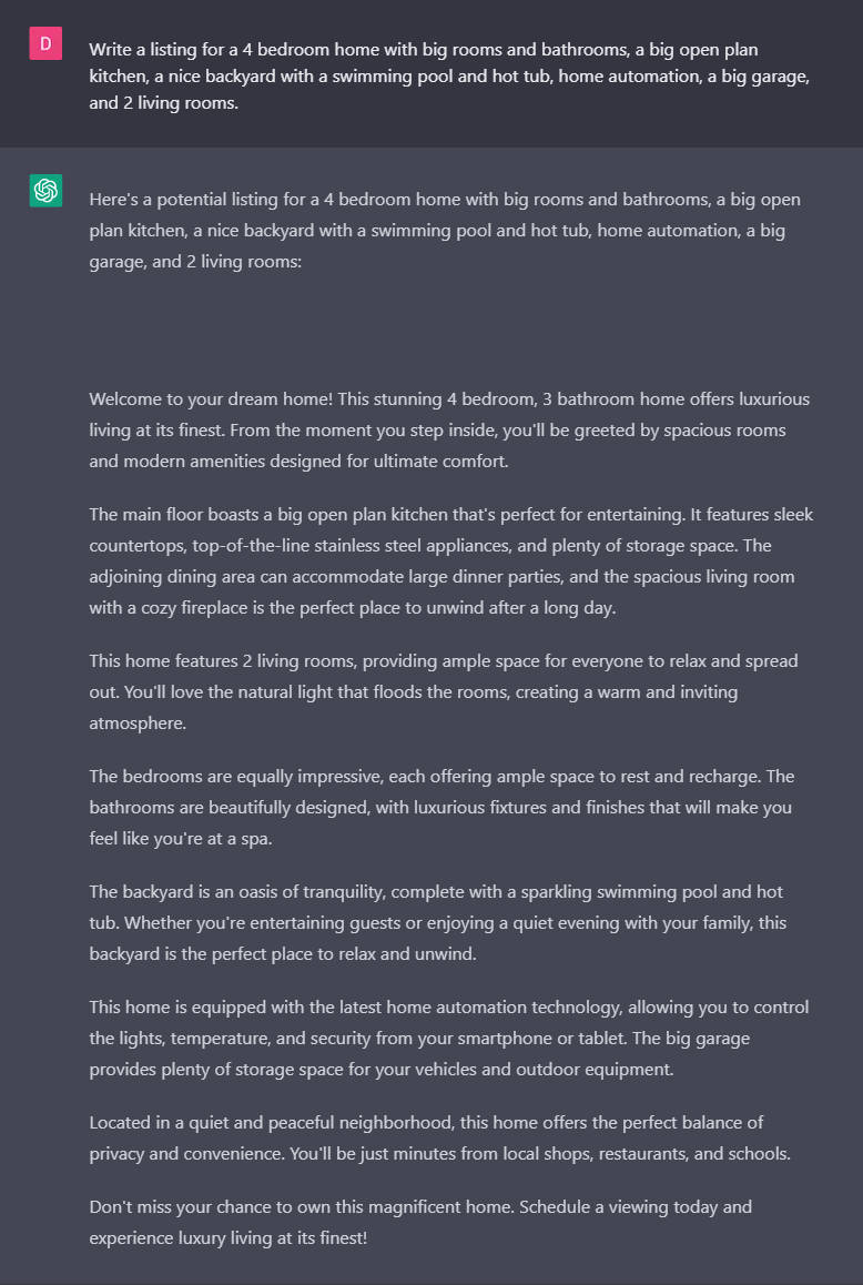 ChatGPT property listing description