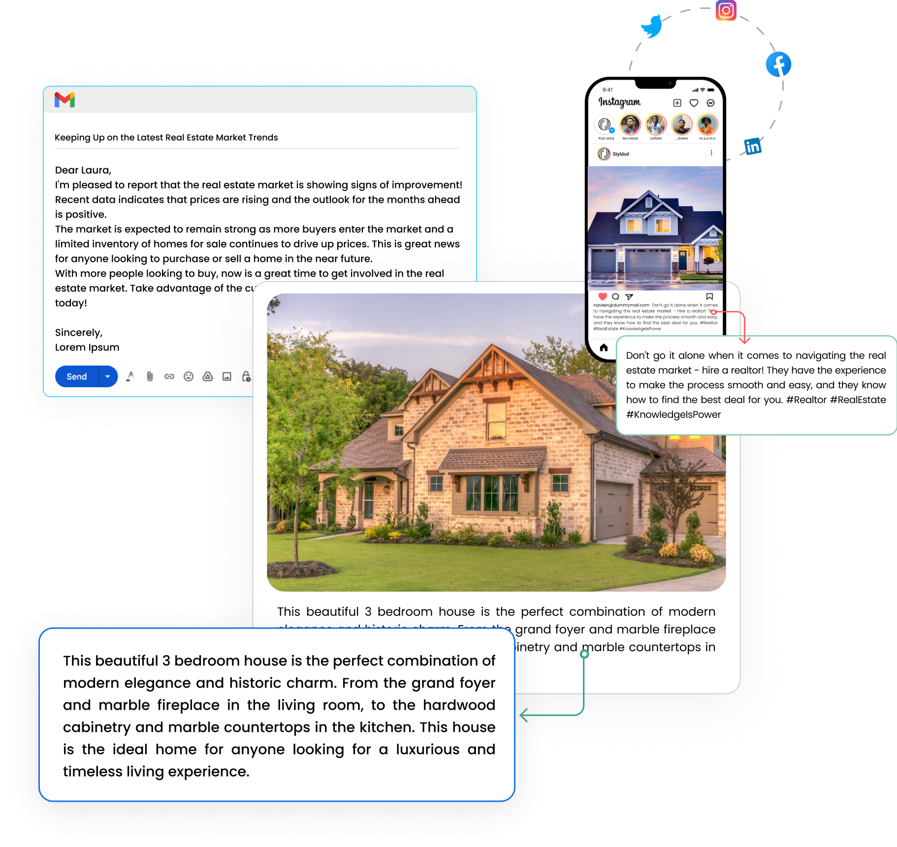 Real Estate marketing tools featuring property descriptions, emails, social captions.