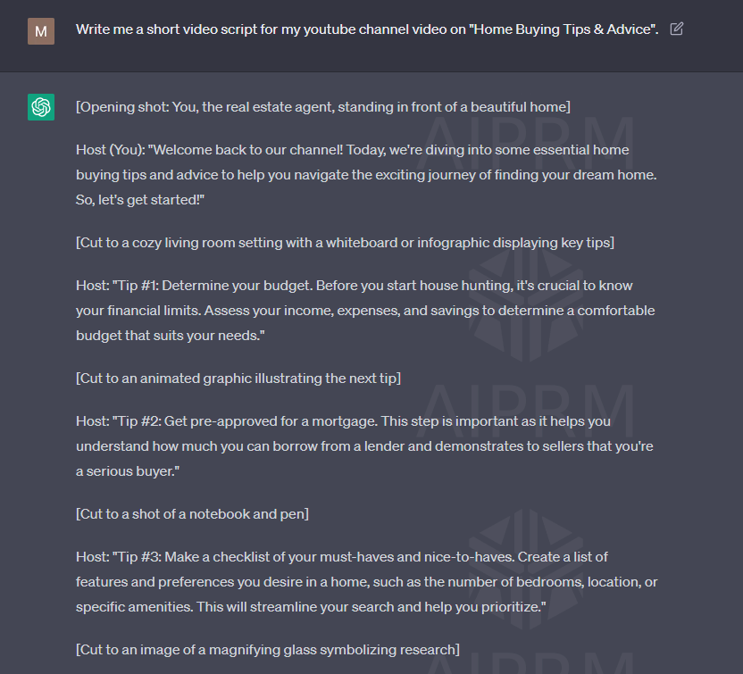 ChatGPT writing a youtube video script
